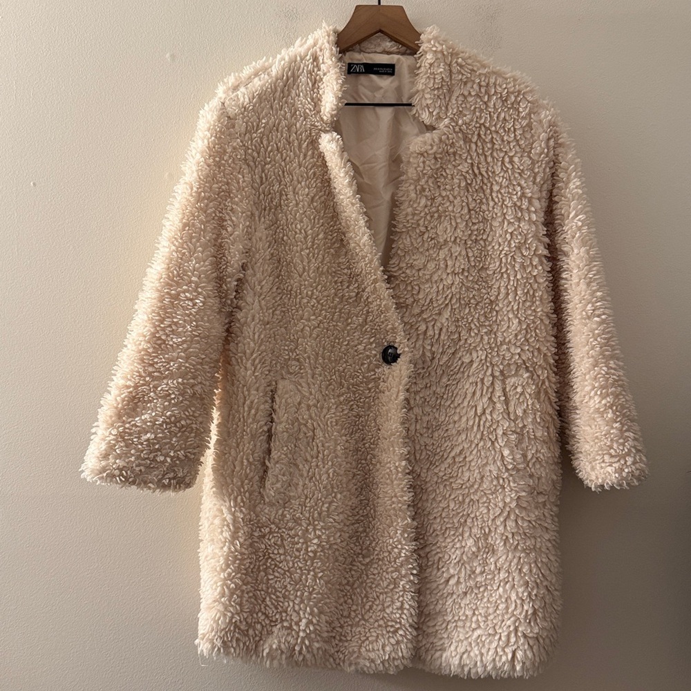 Zara Faux Shearling Sherpa Teddy Coat cream 3/4 sleeve XS - Picture 2 of 7